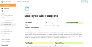 A screenshot of the Klyck Page showing the Employee Wiki template.