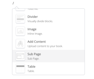screenshot showing the klyck page component menu with the subpage option highlighted
