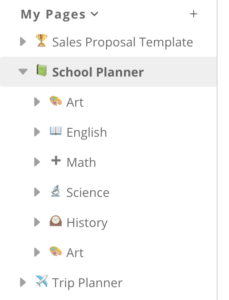 screenshot of the klyck pages app showing the side menu with list of the parent and subpage titles.