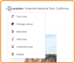 screenshot of the klyck pages app showing the handler menu options for text styling