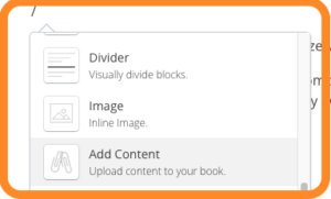 screenshot of klyck pages app showing the component menu with the Add Content option selected