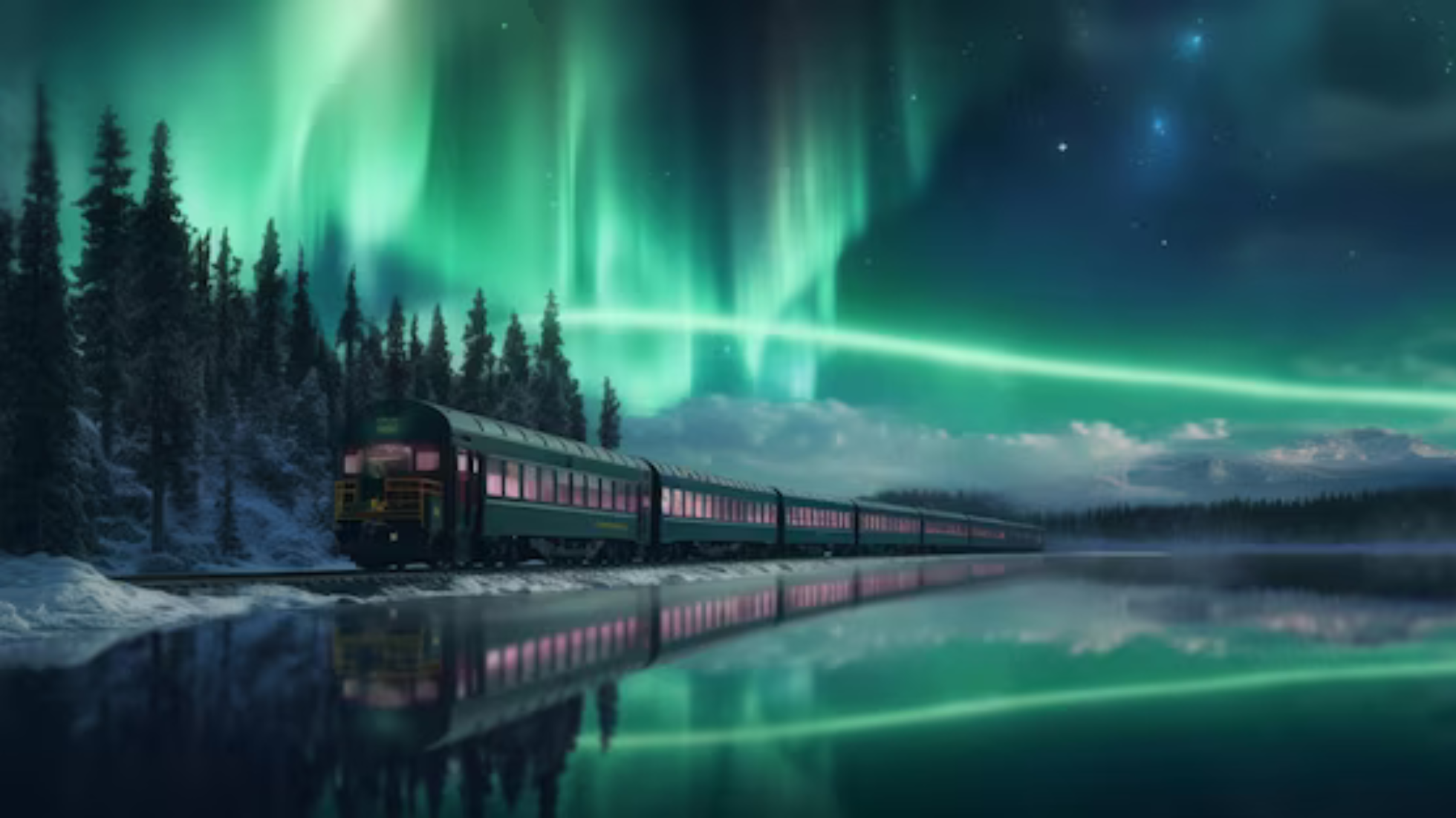The Polar Express train with the Northern Lights