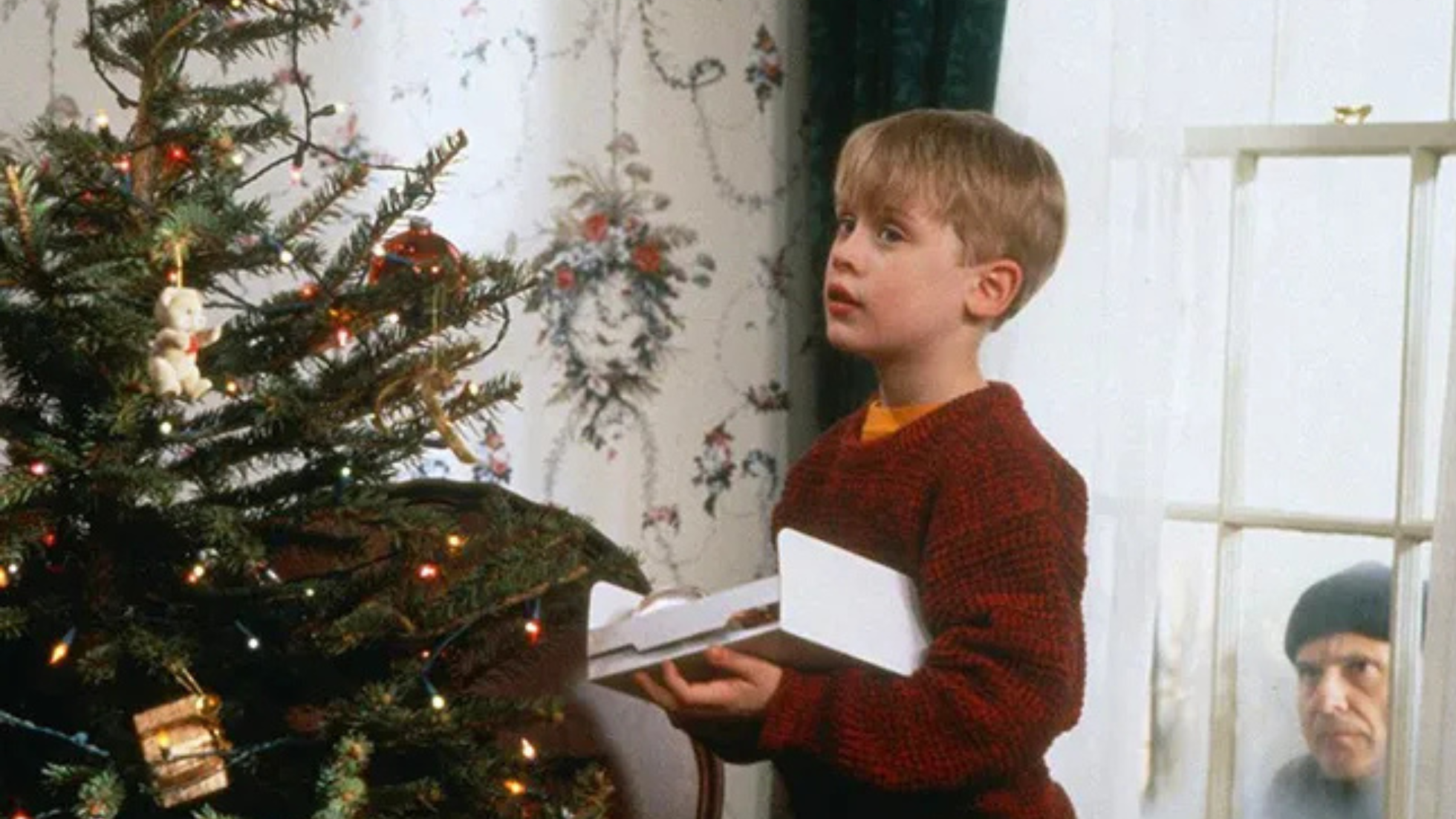 Kevin McCallister decorating tree and his unwanted visitor Harry looking in the window