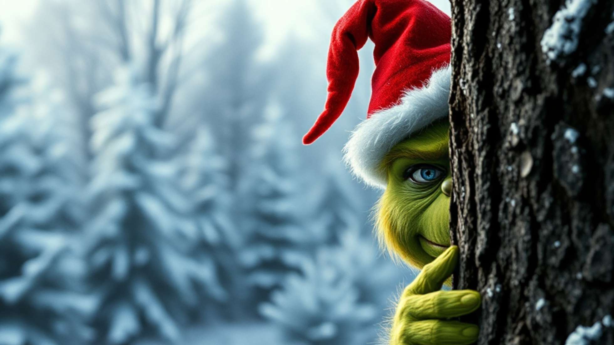 The Grinch peeking out from behind a tree with a creepy smile