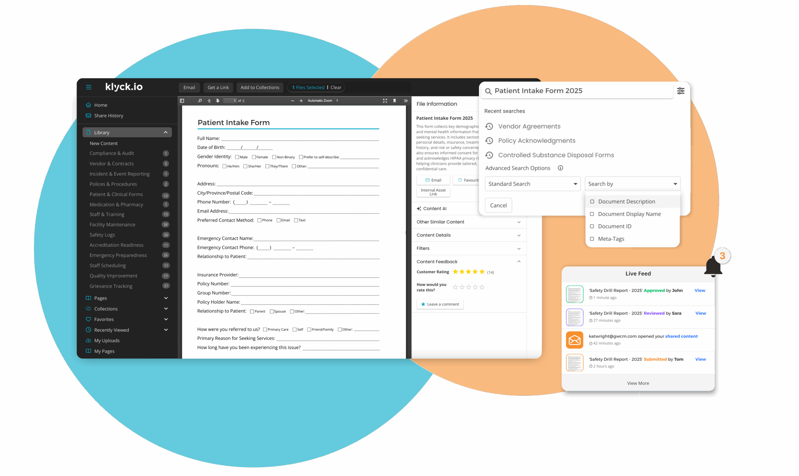 Klyck app interface showing behavioural health form with search tool and real-time document activity