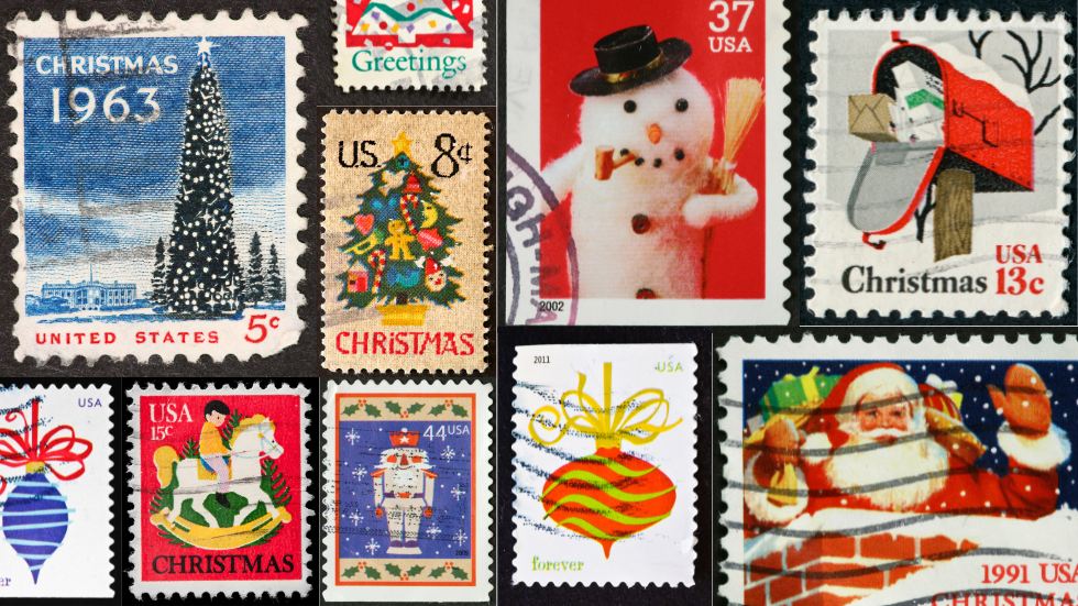 Christmas postage stamp collage background