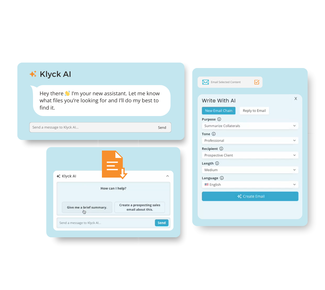 Klyck app interface showing behavioural health form with search tool and real-time document activity