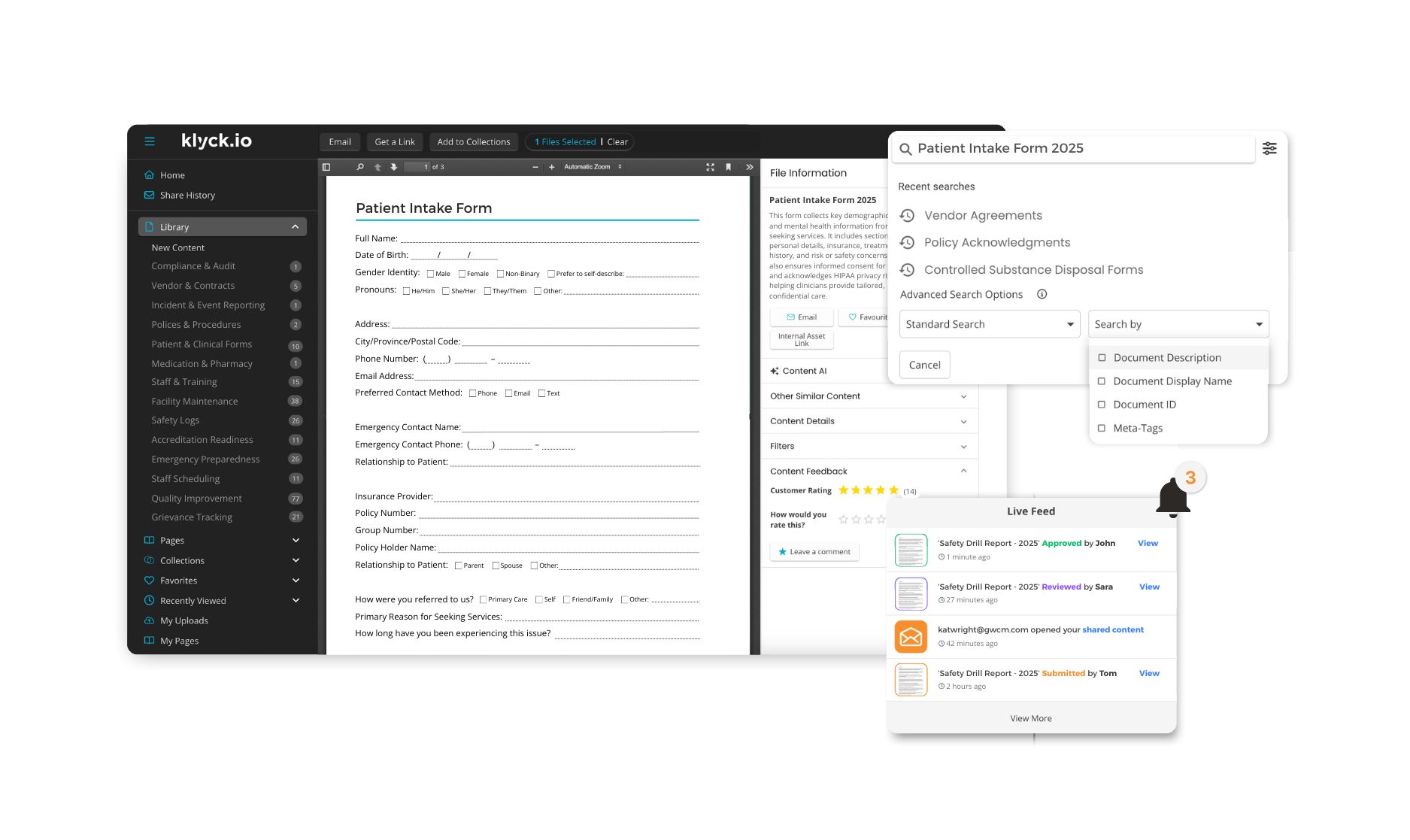 Klyck app interface showing behavioural health form with search tool and real-time document activity
