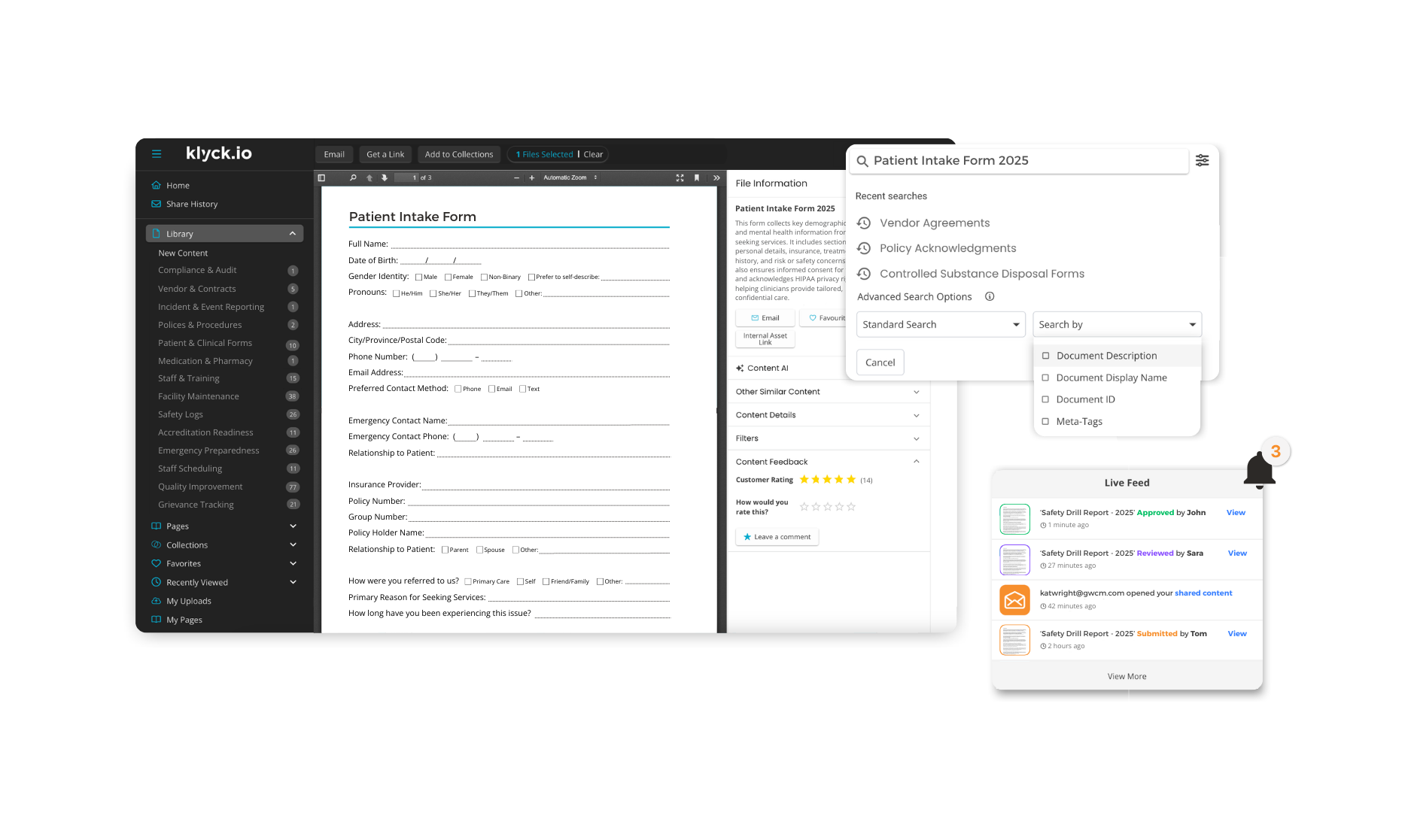 Klyck app interface showing behavioural health form with search tool and real-time document activity