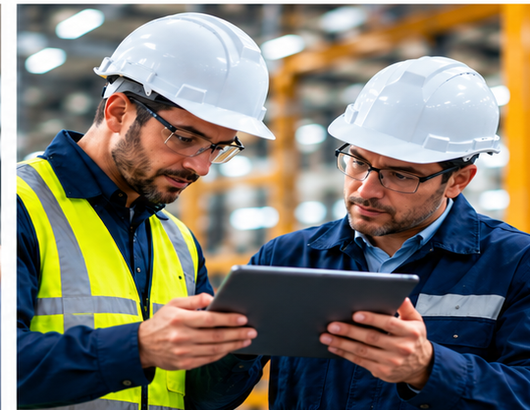 Engineers reviewing a workflow on a tablet